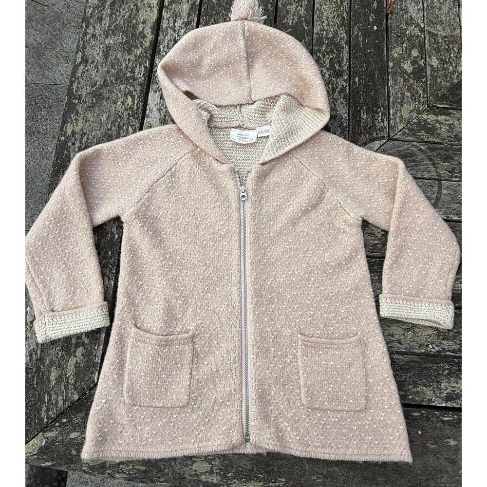 ZARA Baby Girl Knit Hooded Cardigan Coat Size 2-3 Years 5% Wool Zip Up Pockets